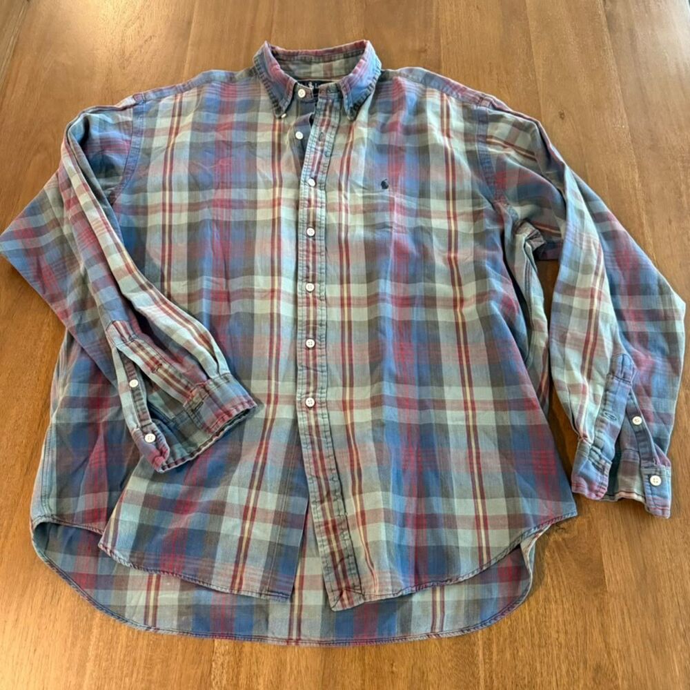 Ralph Lauren Mens XL Plaid 100% Cotton Button Down Shirt Pony Blue Red